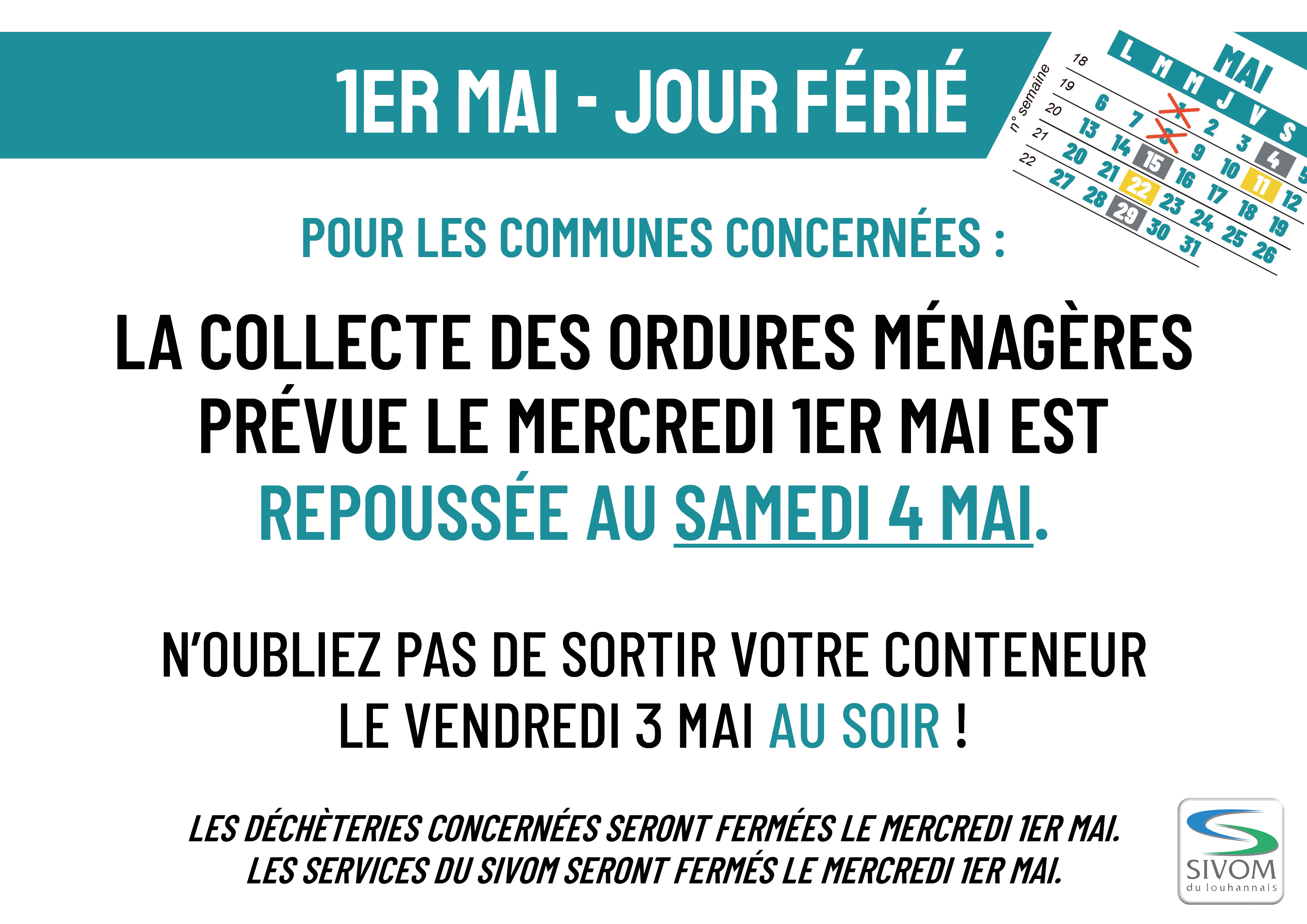 COLLECTES DU MOIS DE MAI : JOURS FÉRIÉS